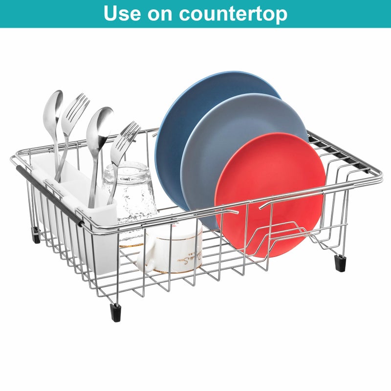 iPEGTOP Expandable Multifunctional Dish Drying Rack, Over The Sink, in Sink Or On Counter Dish Drainer Rack Organizer Shelf with White Utensil Silverware Holder, Rustproof Stainless Steel - Image 3